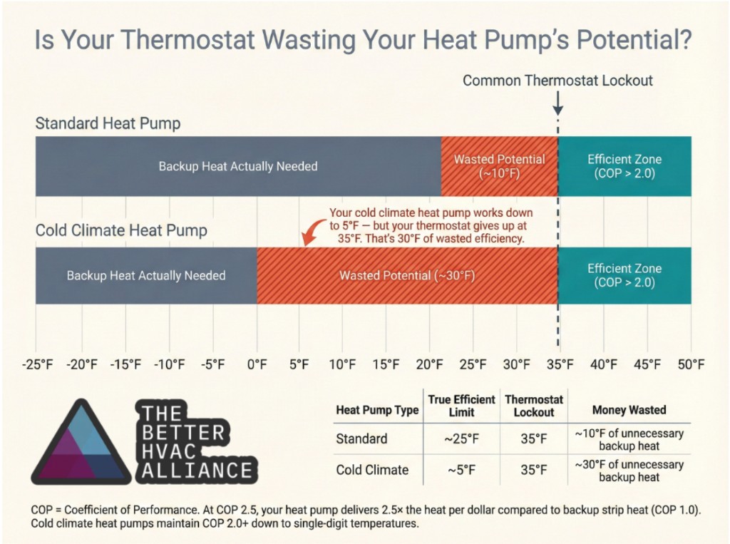Is Your Thermostat Wasting Your Heat Pump's Potential? Chart comparing standard vs cold climate heat pump efficient ranges and common 35°F lockout.